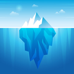 Poster - Underwater iceberg. Flowing ice rock in ocean water frozen mountain recent vector background. Illustration north ice under ocean, iceberg cold polygon