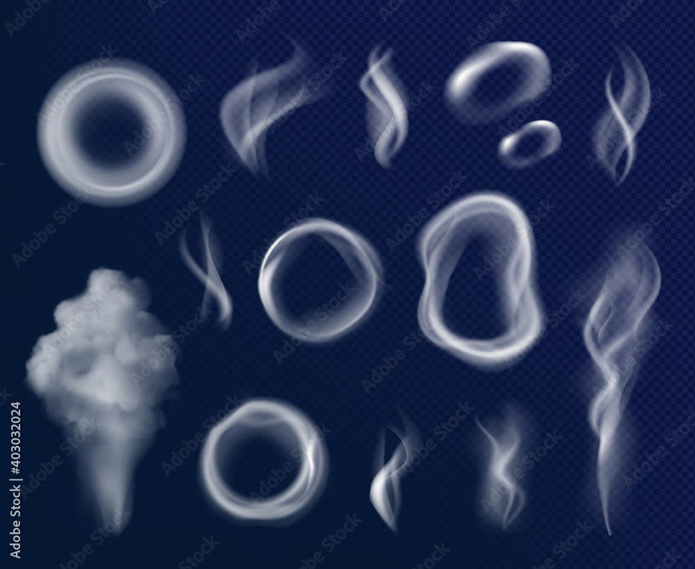 cigarette smoke in the air Cigarettes smoke circles. Gray flowing steam shapes fumes toxic smoke  decent vector realistic templates. Illustration smoke toxic from cigarette,  curve transparent smoking air Stock Vector