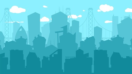 Sticker - City silhouette background. Town downtown on blue sky woth clouds, urbanization vector background. Illustration cityscape scenery building