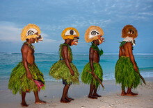 Malagan Tatuana Masks On A Beach, New Ireland Province, Langania, Papua New Guinea