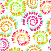 Seamless Vector Pattern With Tie Dye Spiral On White Background. Simple Colourful Spiral Wallpaper Design. Artistic Deco Fashion Textile.