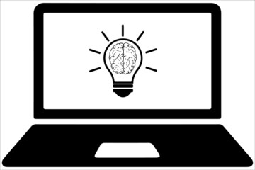 Brain in lightbulb vector illustration, Computer in Energy Saving Mode, Environmentally Friendly Technology. Business, Company Advertisement, Ad on Website. Incandescent lamp on Computer Screen.