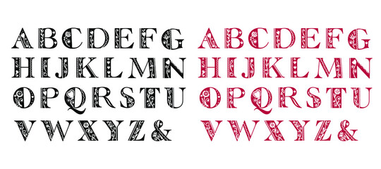 Beautiful abstract folk alphabet in black and red versions