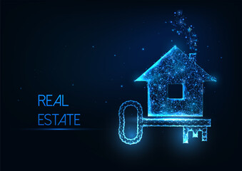 Wall Mural - Futuristic real estate agency concept with glowing low polygonal house and door key on dark blue