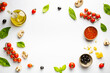 Food ingredients and spices for cooking delicious italian pizza on white background. Copy Space. Top view.