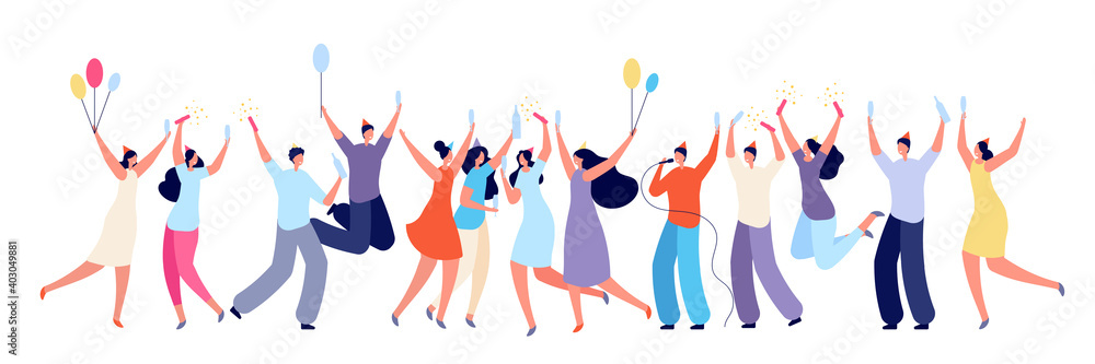 Birthday party concept. Colleagues congratulated, friends surprise event. Isolated people celebration with cake drinks utter vector banner. Congratulation and smiling, champagne and celebration - obrazy, fototapety, plakaty 