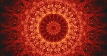 Fractal Animation. Fire Mandala. Glitter Red Orange Golden Round Symmetrical Pattern With Sparks Equalizer Effect Calming Flicker Motion. Glowing Ornament On Dark Art Background.