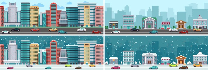 Sticker - City panorama. Downtown, suburb town road. Cute buildings diverse seasons. Snowy time, winter and summer urban landscape, cars on highway vector illustration. Cityscape scenery downtown construction