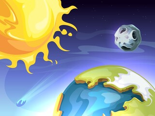 Sticker - solar system. sun earth moon in space, astronomy universe background. cartoon planets, cosmos with m