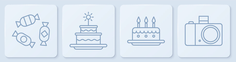 Wall Mural - Set line Candy, Cake with burning candles, Cake with burning candles and Photo camera. White square button. Vector.