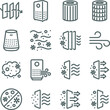 Air purifier icon illustration vector set. Contains such icons as Dust, Oxygen, Anti-bacteria, Air pollution, pm 2.5, Air filter, and more. Expanded Stroke