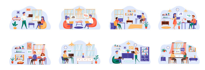 Software testing bundle of scenes with flat people characters. Developers debugging digital application conceptual situations. oftware testing, search of program bugs cartoon vector illustration