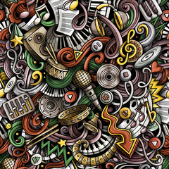  Music hand drawn raster doodles seamless pattern.
