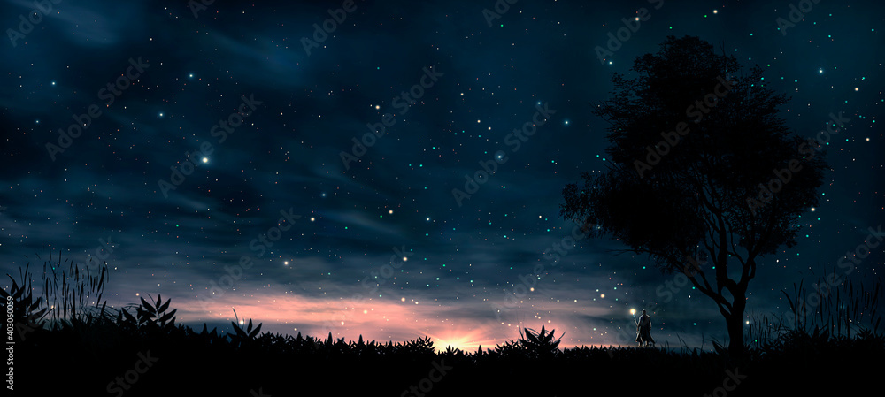 Space scene. Man, magician standing on landscape silhouette with tree and colorful nebula. Digital painting. Digital painting. 3D rendering - obrazy, fototapety, plakaty 