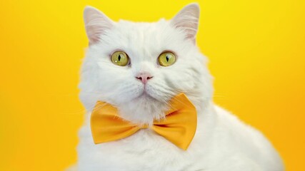 Wall Mural - Close portrait of white furry cat in fashion sunglasses. Studio footage. Luxurious domestic kitty in glasses poses on yellow wall background.