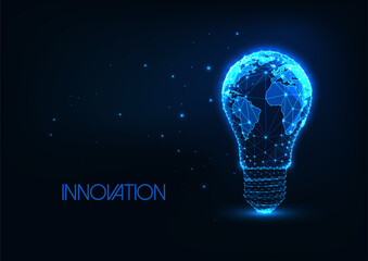 futuristic global energy, innovation concept with glowing low polygonal light bulb with earth map