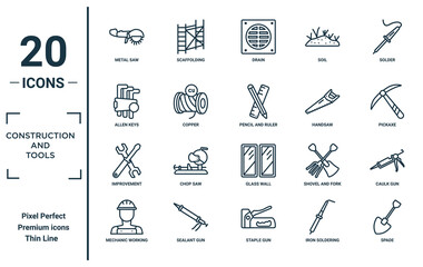 Wall Mural - construction.and.tools linear icon set. includes thin line metal saw, allen keys, improvement, mecha