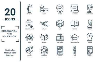 Wall Mural - graduation.and.education linear icon set. includes thin line desk lamp, sherlock holmes, atom, unico