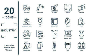 Wall Mural - industry linear icon set. includes thin line skid loader, transmission tower, compressor, harbor cra