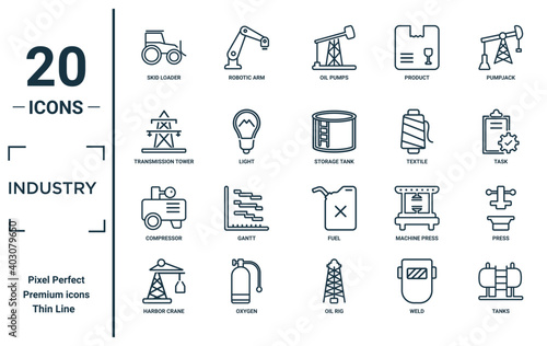 Industry Linear Icon Set Includes Thin Line Skid Loader Transmission Tower Compressor Harbor 