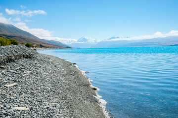 Canvas Print - Turquoise blue water of snow feed scenic Lake Pukaki