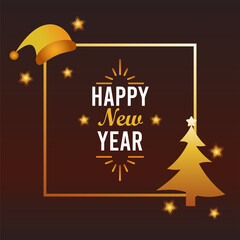 Sticker - happy new year lettering card with santa hat and pine tree golden