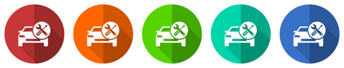 Poster - Auto service, car repair vector icon set, red, blue, green and orange flat design web buttons isolated on white, vector illustration