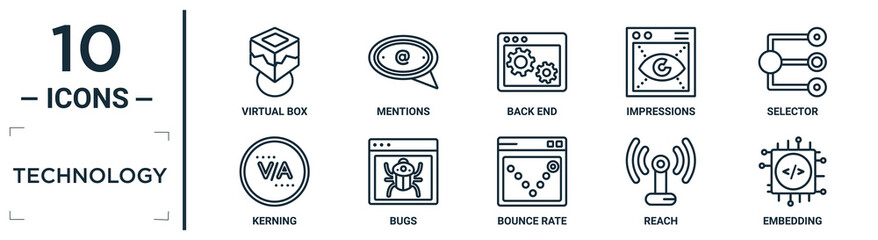 technology linear icon set. includes thin line virtual box, back end, selector, bugs, reach, embedding, kerning icons for report, presentation, diagram, web design