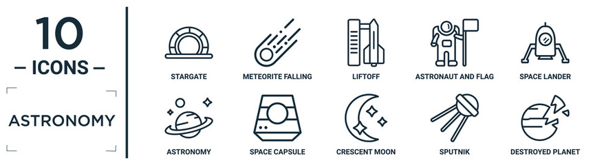 Wall Mural - astronomy linear icon set. includes thin line stargate, liftoff, space lander, space capsule, sputnik, destroyed planet, astronomy icons for report, presentation, diagram, web design