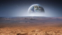 Earth Planet In The Sky Over Desert And Stones. View On Planet From Mars Surface. Abstract Sci-fi Wallpaper. Elements Of This Image Furnished By NASA