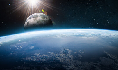 Fototapete - Planet Earth and Moon satellite in outer space. Stars and galaxies on background. Nebula. Elements of this image furnished by NASA
