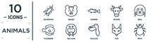Animals Linear Icon Set. Includes Thin Line Silverfish, Zander, Seal, Sea Cow, Fox, Mite, Flounder Icons For Report, Presentation, Diagram, Web Design