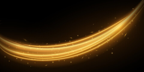 Wall Mural - Dynamic light effect with glowing flying particles on a black background. Sparkling trail after fire. Stylish, golden luminescent waves. Vector illustration