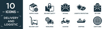 Filled Delivery And Logistic Icon Set. Contain Flat Supply Chain, Delivery Safety, Air Mail, Logistic Protection, Zip Code, Delivery Cart, Worldwide, Scooter, Shipping, Earth Grid Icons In Editable.