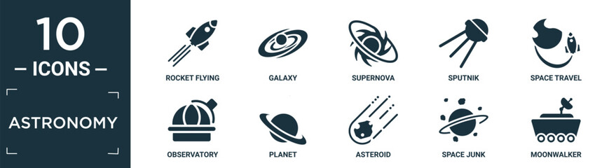 Wall Mural - filled astronomy icon set. contain flat rocket flying, galaxy, supernova, sputnik, space travel, obs