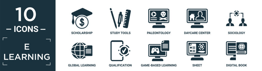 Wall Mural - filled e learning icon set. contain flat scholarship, study tools, paleontology, daycare center, soc