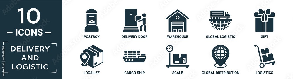 filled delivery and logistic icon set. contain flat postbox, delivery ...