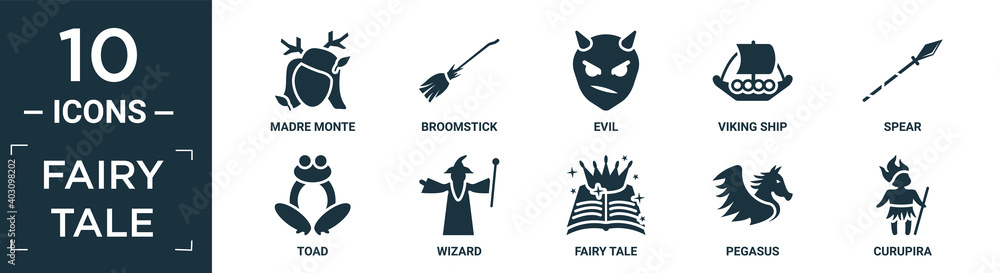filled fairy tale icon set. contain flat madre monte, broomstick, evil ...