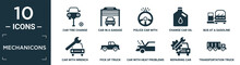Filled Mechanicons Icon Set. Contain Flat Car Tire Change, Car In A Garage, Police Car With Steering Wheel, Change Oil, Bus At A Gasoline Station, With Wrench, Pick Up Truck, With Heat Problems,.