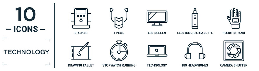 Wall Mural - technology linear icon set. includes thin line dialysis, lcd screen, robotic hand, stopwatch running