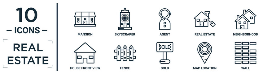 Wall Mural - real.estate linear icon set. includes thin line mansion, agent, neighborhood, fence, map location, w