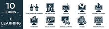 Filled E Learning Icon Set. Contain Flat Asynchronous Learning, Online Course, Geology, E Learning, Distance Teacher, Homework, Online Training, Blended Learning, Grades, Video Tutorials Icons In.