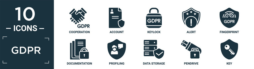 Wall Mural - filled gdpr icon set. contain flat cooperation, account, keylock, alert, fingerprint, documentation,