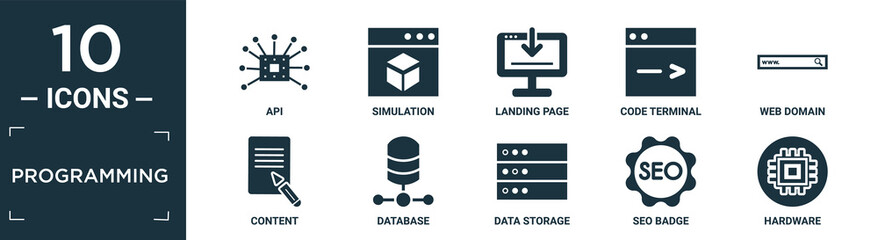 filled programming icon set. contain flat api, simulation, landing page, code terminal, web domain, content, database, data storage, seo badge, hardware icons in editable format..