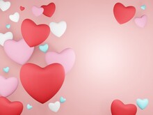 3D Render - Valentine's Day Background With 3d Hearts On Red, Happy Valentine's Day, Love Creative Concept, Romantic Template, Red And Pink Realistic Paper Hearts.