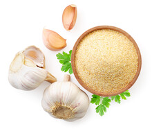 Ground Garlic In A Plate And Cloves On A White Background, Isolated. The View From Top