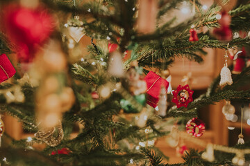 Close Up of Christmas Background Decorated Christmas Tree