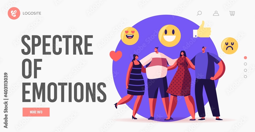 Empathy, Hugs with Friends Landing Page Template. Characters Stand in Row Hugging Each Other, Smiling and Laughing - obrazy, fototapety, plakaty 