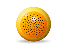 Yellow And Orange Saltcellar Or Microphone, Coloured Bright Round Piece Of Plastic With Beamy Perforation Isolated On White Background