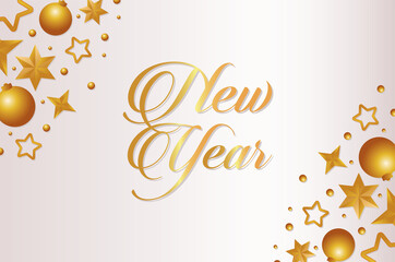 Sticker - happy new year golden lettering card with balls and stars